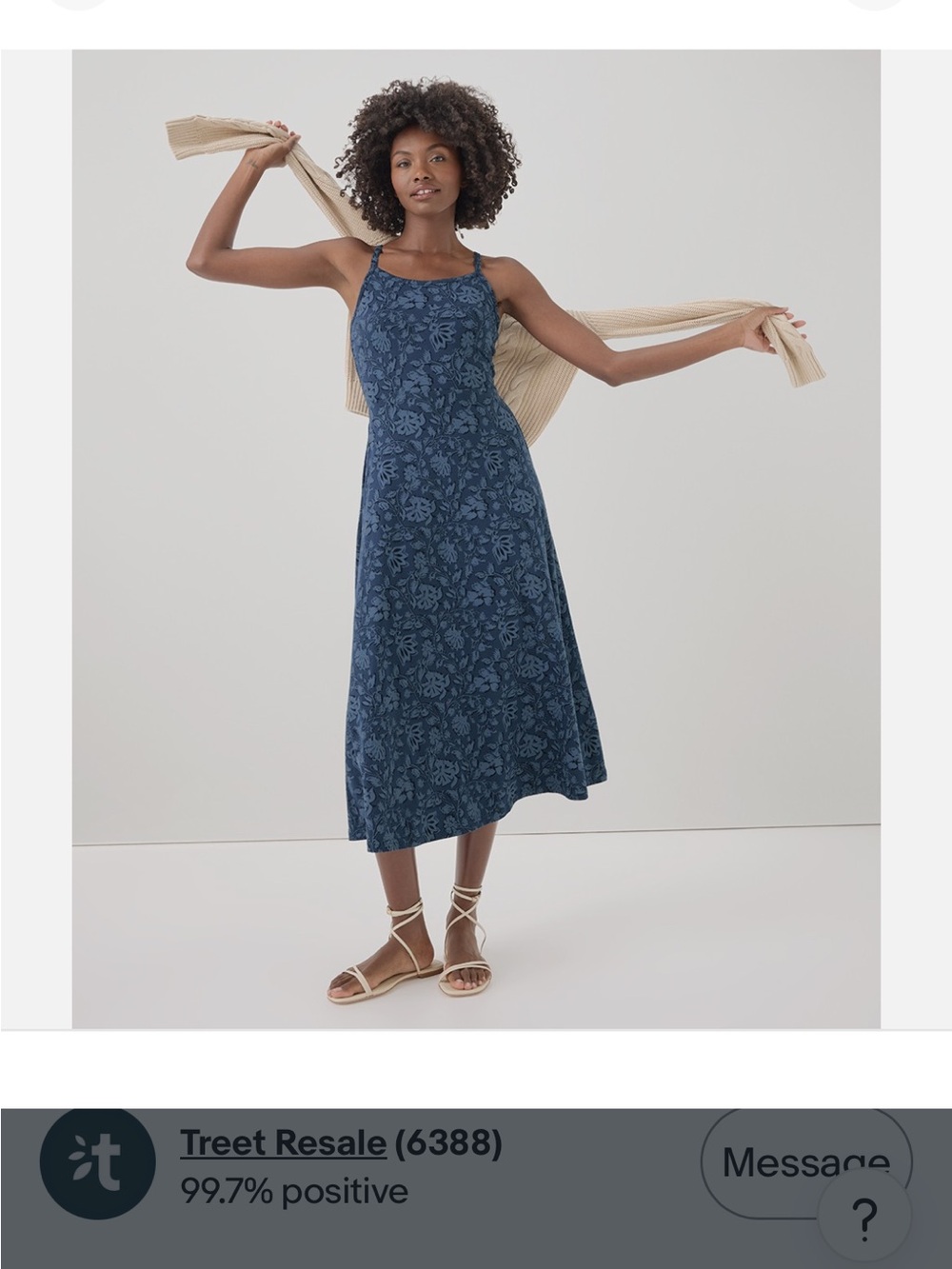 Pact Women's Fit & Flare Midi Dress medium SHORT in Batik Vine French Navy